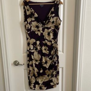 Purple floral sleeveless faux wrap dress